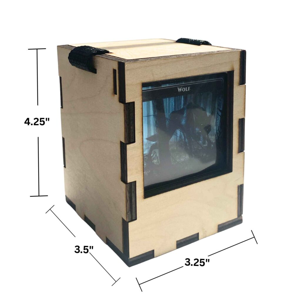 Commander deck box with clear display window shown in three views, including product dimensions for width, height, and depth.