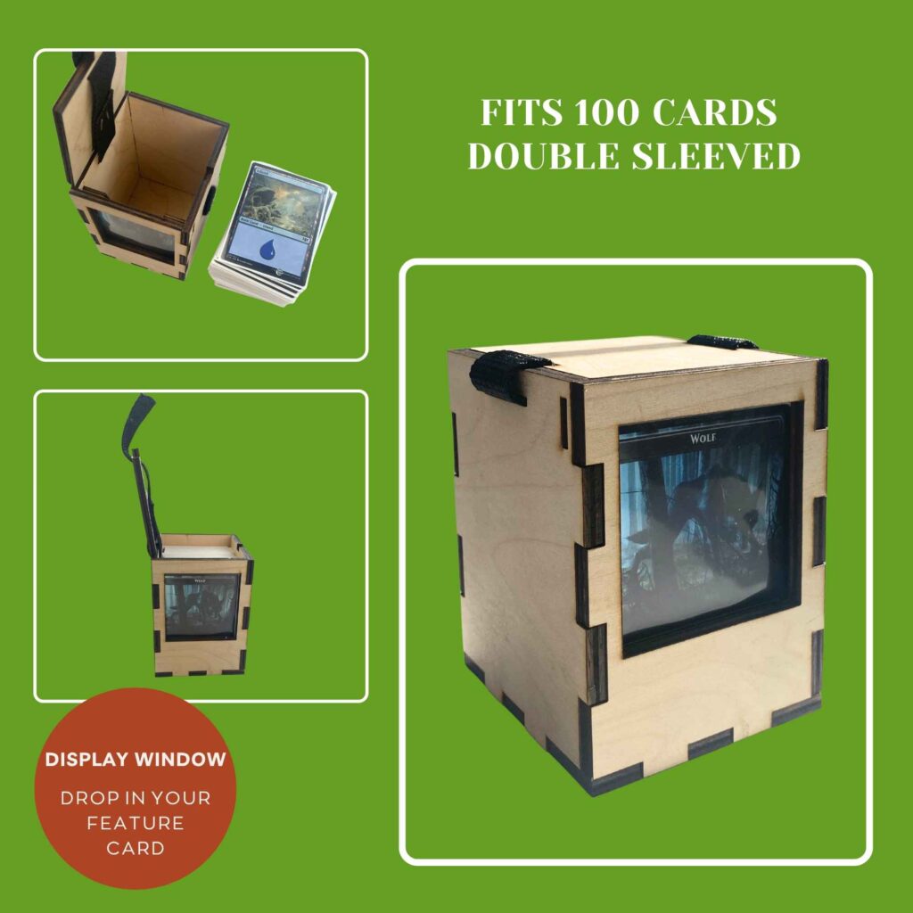Three views of commander deck box: lid open with cards inside and card beside box, lid open showing front card display slot, and fully closed with favorite card visible through clear window