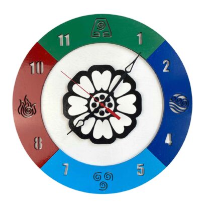 Avatar Wall Clock featuring Lotus flower and Earth, Water, Air, Fire elemental symbols on colorful segmented rim
