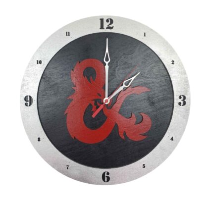 DnD Wall Clock with Red DnD Logo on a black 14" background and silver rim