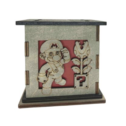 Mario Bros. handmade 5 inch cubed box. Cut through wood with transparent colored paper to light up the box.