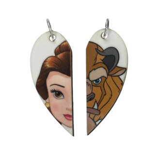 Belle and Beast from Beauty and the Beast Matching Heart Pendants w Necklaces and Keyrings