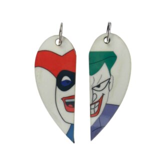 Harley Quinn and Joker Matching Heart Pendants w Necklaces and Keyrings