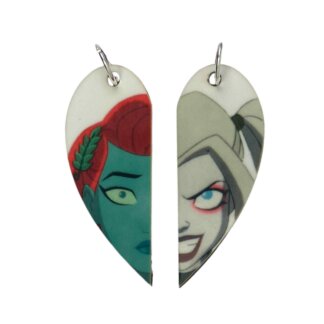 Harley Quinn and Poison Ivy Matching Heart Pendants w Necklaces and Keyrings