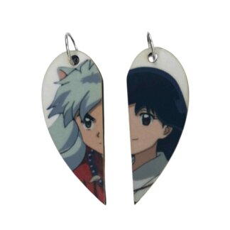 Inuyasha and Kagome Matching Heart Pendants w Necklaces and Keyrings