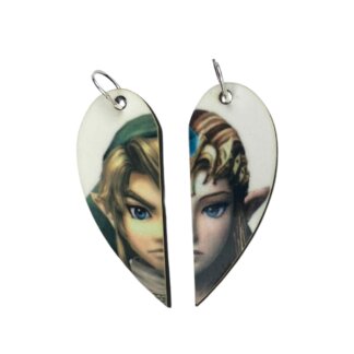 Link and Zelda from Legend of Zelda Matching Heart Pendants w Necklaces and Keyrings