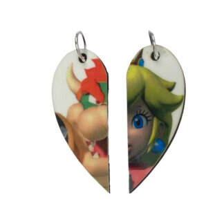 Bowser and Princess Peach from Mario Bros. Matching Heart Pendants w Necklaces and Keyrings