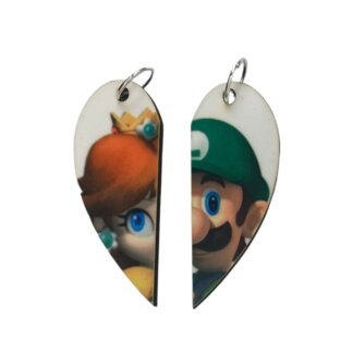 Luigi and Daisy from Mario Bros. Matching Heart Pendants w Necklaces and Keyrings