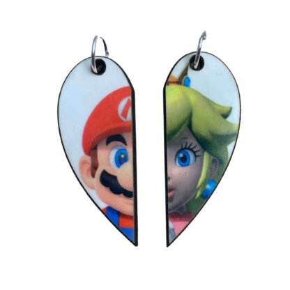 Mario and Princess Peach from Mario Bros. Matching Heart Pendants w Necklaces and Keyrings