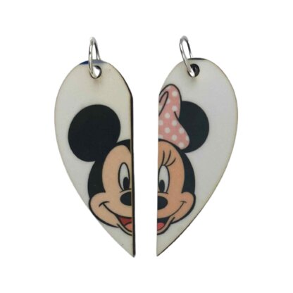 Mickey and Minnie Mouse Matching Heart Pendants w Necklaces and Keyrings