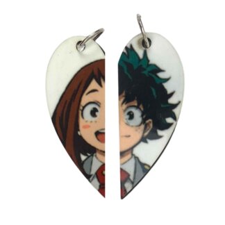 Deku & Ochaco from My Hero Academia Matching Heart Pendants w Necklaces and Keyrings