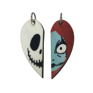 Jack and Sally from Nightmare Before Christmas Matching Heart Pendants w Necklaces and Keyrings
