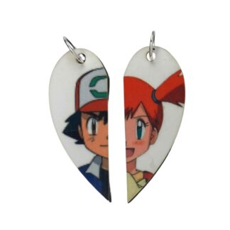 Ash & Misty from Pokemon Matching Heart Pendants w Necklaces and Keyrings