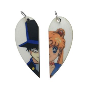 Sailor Moon and Tuxedo Mask Matching Heart Pendants w Necklaces and Keyrings