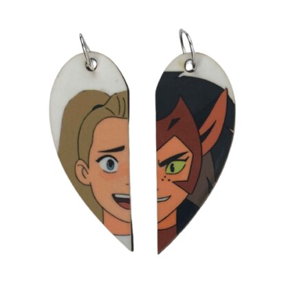 She-Ra and Catra from Princess of Power Matching Heart Pendants w Necklaces and Keyrings