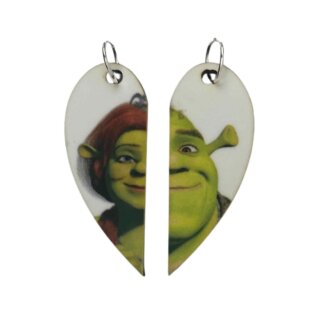 Shrek and Princess Fiona Matching Heart Pendants w Necklaces and Keyrings