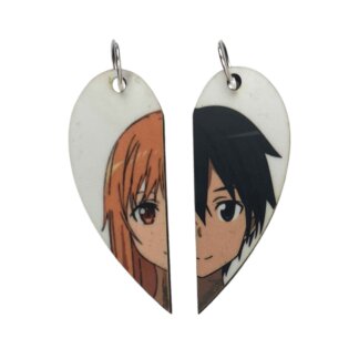 Asuna and Kirito from Sword Art Online Matching Heart Pendants w Necklaces and Keyrings