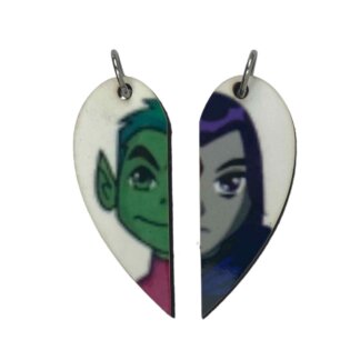 Beast Boy and Raven from Teen Titans Matching Heart Pendants w Necklaces and Keyrings