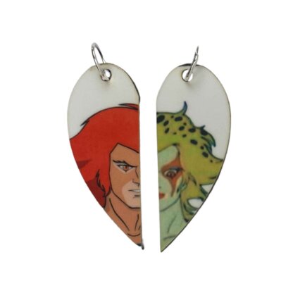 Lion-O and Cheetara from Thundercats Matching Heart Pendants w Necklaces and Keyrings