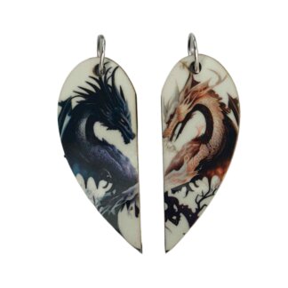 Yin-Yang Dragons Matching Heart Pendants w Necklaces and Keyrings