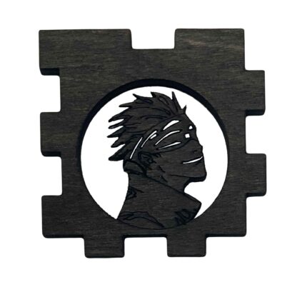 2" cubed wooden handmade Jujutsu Kaisen gift box that lights up with a tealight. The front is cut through so the filtered light shows through to resemble the titled product