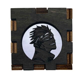 2" cubed wooden handmade Jujutsu Kaisen gift box that lights up with a tealight. The front is cut through so the filtered light shows through to resemble the titled product
