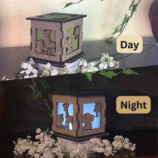 Baby Animals Wooden 5" Light Up Gift Box that is cut through on two sides with colored filter to light up as it gets dark.