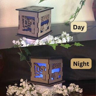 Fishing Wooden 5" Light Up Gift Box that is cut through on two sides with colored filter to light up as it gets dark.