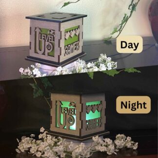 Gamer Wooden 5" Light Up Gift Box that is cut through on two sides with colored filter to light up as it gets dark.