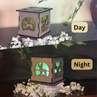 Hunting Wooden 5" Light Up Gift Box that is cut through on two sides with colored filter to light up as it gets dark.