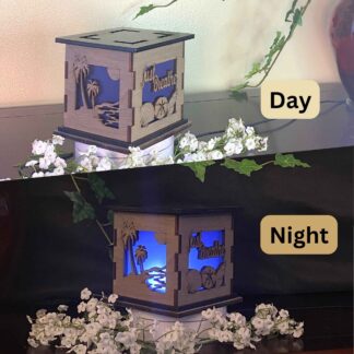 Just Breathe Wooden 5" Light Up Gift Box that is cut through on two sides with colored filter to light up as it gets dark.