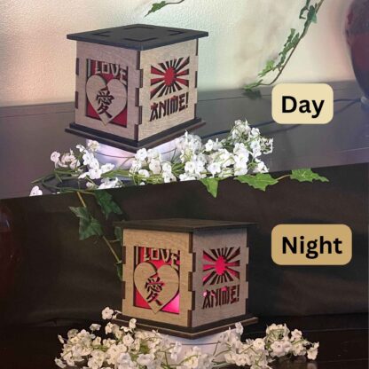 Love Anime Wooden 5" Light Up Gift Box that is cut through on two sides with colored filter to light up as it gets dark.