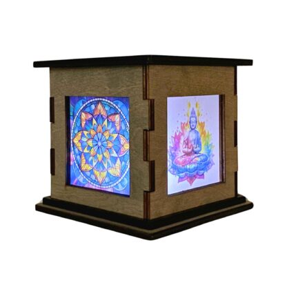 5 inch Zen  wooden Decorative Box with Mandala on one side and Yoga on the other.  Meditation Box that lights up with a LED Tealight