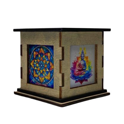 5 inch Zen  wooden Decorative Box with Mandala on one side and Yoga on the other.  Meditation Box that lights up with a LED Tealight