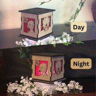 Naruto Wooden 5" Light Up Gift Box that is cut through on two sides with colored filter to light up as it gets dark.