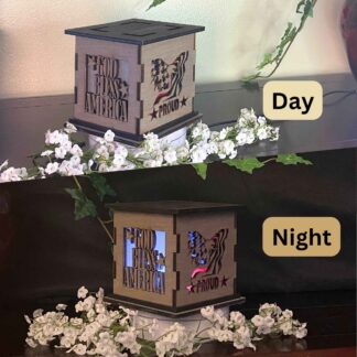Patriotic Wooden 5" Light Up Gift Box that is cut through on two sides with colored filter to light up as it gets dark.