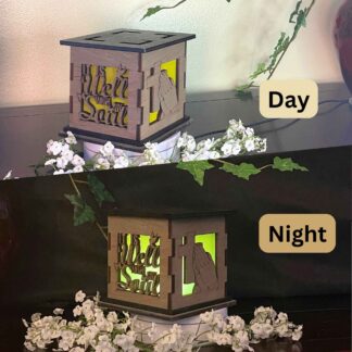 Spiritual Wooden 5" Light Up Gift Box that is cut through on two sides with colored filter to light up as it gets dark.