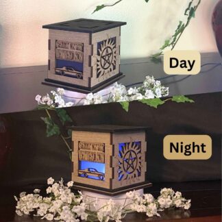 Supernatural Wooden 5" Light Up Gift Box that is cut through on two sides with colored filter to light up as it gets dark.
