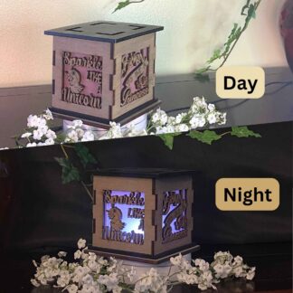 Unicorn Wooden 5" Light Up Gift Box that is cut through on two sides with colored filter to light up as it gets dark.