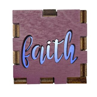 Faith-themed interactive wooden light box gift, perfect for church members or spiritual decor, with purple stained front and glowing cutout.