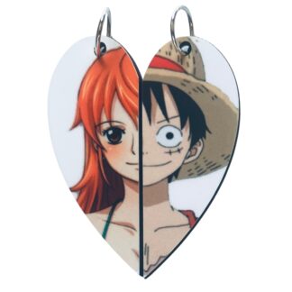 Luffy and Nami matched heart pendant set from One Piece with 2 key rings and 2 black cords.