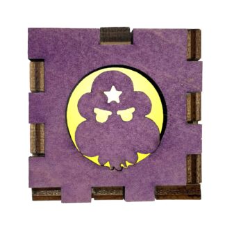 Lumpy Space Princess Light Box with purple-stained wooden front and glowing yellow filter inside.
