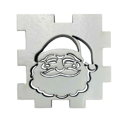 White-painted laser-cut wooden Santa Claus face design for Interactive Light Box, backlit with pink filter