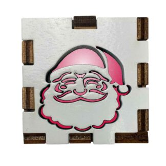 Santa Claus Interactive Light Box with white-painted wooden front, glowing pink filter behind Santa's face design