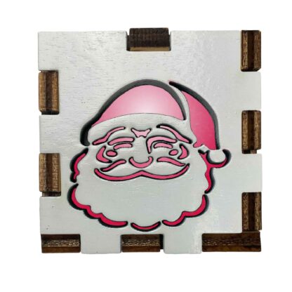 Santa Claus Interactive Light Box with white-painted wooden front, glowing pink filter behind Santa's face design