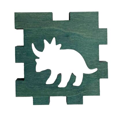 Triceratops dinosaur silhouette glowing in a green-stained wooden panel.