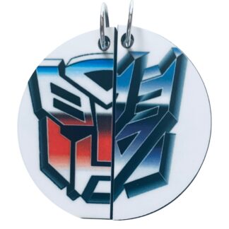 Transformers best friend pendant set featuring Autobot and Decepticon half circles with cords and key rings – handmade by AllTru2U